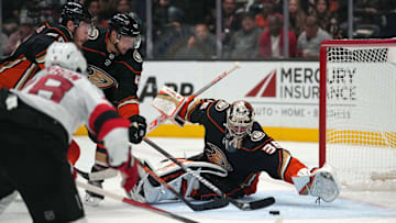 Anaheim Ducks goaltender John Gibson defends the goal against the New Jersey Devils. Mandatory Credit: Kirby Lee-Imagn Images