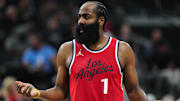 Apr 8, 2025; Inglewood, California, USA; LA Clippers guard James Harden (1) reacts against the San Antonio Spurs in the first half at Intuit Dome. Mandatory Credit: Kirby Lee-Imagn Images