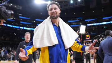 Apr 9, 2024; Los Angeles, California, USA; Golden State Warriors guard Klay Thompson (11) reacts after the game against the Los Angeles Lakers at Crypto.com Arena. Mandatory Credit: Kirby Lee-USA TODAY Sports