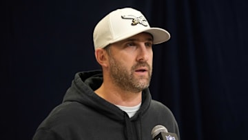 Feb 25, 2025; Indianapolis, IN, USA; Philadelphia Eagles coach Nick Sirianni speaks during the NFL Scouting Combine at the Indiana Convention Center. Mandatory Credit: Kirby Lee-Imagn Images