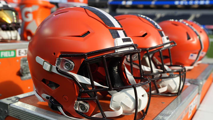 Dec 3, 2023; Inglewood, California, USA; Riddell speedflex Cleveland Browns helmets on the sidelines at SoFi Stadium. Mandatory Credit: Kirby Lee-Imagn Images