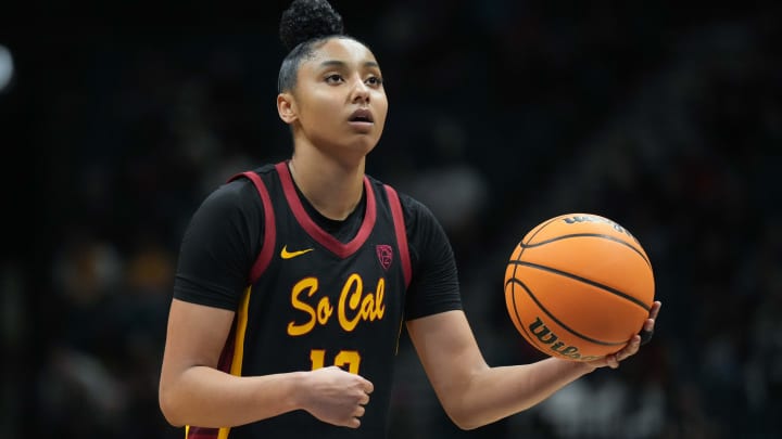 Mar 10, 2024; Las Vegas, NV, USA; Southern California Trojans guard JuJu Watkins (12) shoots the ball against the Stanford Cardinal in the second half of the Pac-12 Tournament women's championship game at MGM Grand Garden Arena. Mandatory Credit: Kirby Lee-USA TODAY Sports