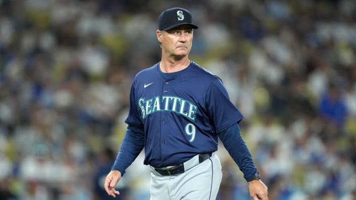 Seattle Mariners manager Scott Servais reacts during a game against the Los Angeles Dodgers on Tuesday at Dodger Stadium.