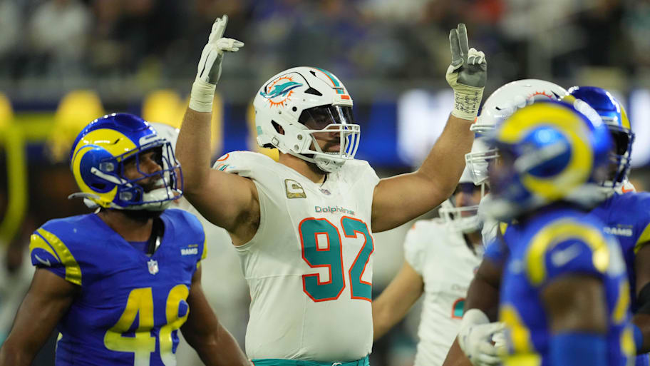 Miami Dolphins defensive tackle Zach Sieler (92) celebrates in the second half against the Los Angeles Rams at SoFi Stadium last season. | Kirby Lee-Imagn Images