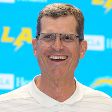 Los Angeles Chargers coach Jim Harbaugh during press conference at The Bolt. 