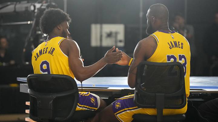 Sep 30, 2024; El Segundo, CA, USA; Los Angeles Lakers forward LeBron James (23) with son Bronny James (9) during media day at the UCLA Health Training Center. Mandatory Credit: Kirby Lee-Imagn Images