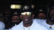 Oct 28, 2023; Pasadena, California, USA; Colorado Buffaloes head coach Deion Sanders enters the field before the game against the UCLA Bruins at Rose Bowl. UCLA defeated Colorado 28-16. 