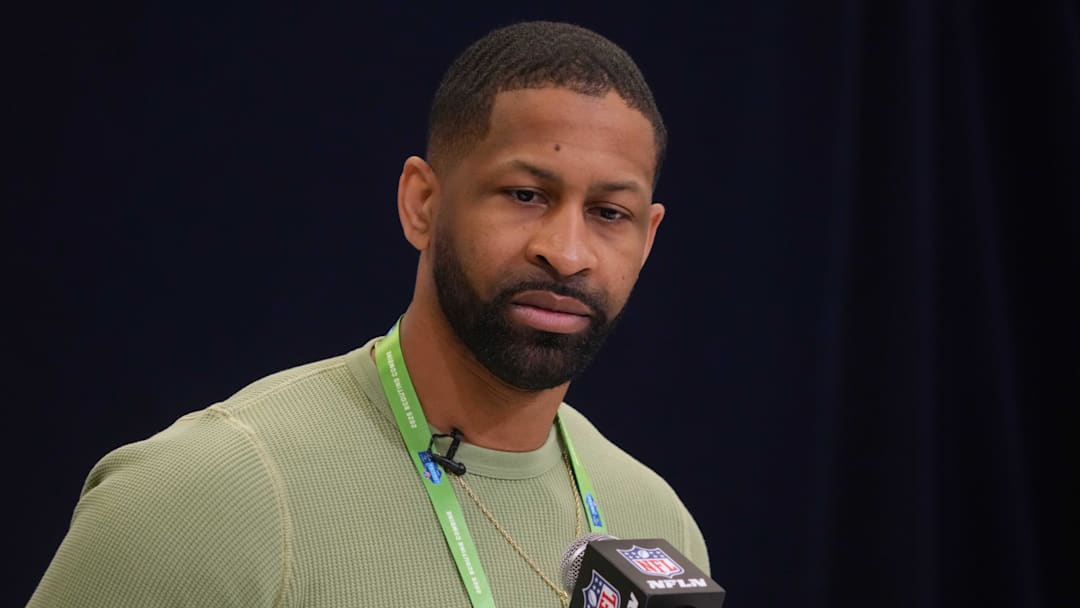 Feb 25, 2025; Indianapolis, IN, USA; Cleveland Browns general manager Andrew Berry speaks during the NFL Scouting Combine at the Indiana Convention Center. Mandatory Credit: Kirby Lee-Imagn Images