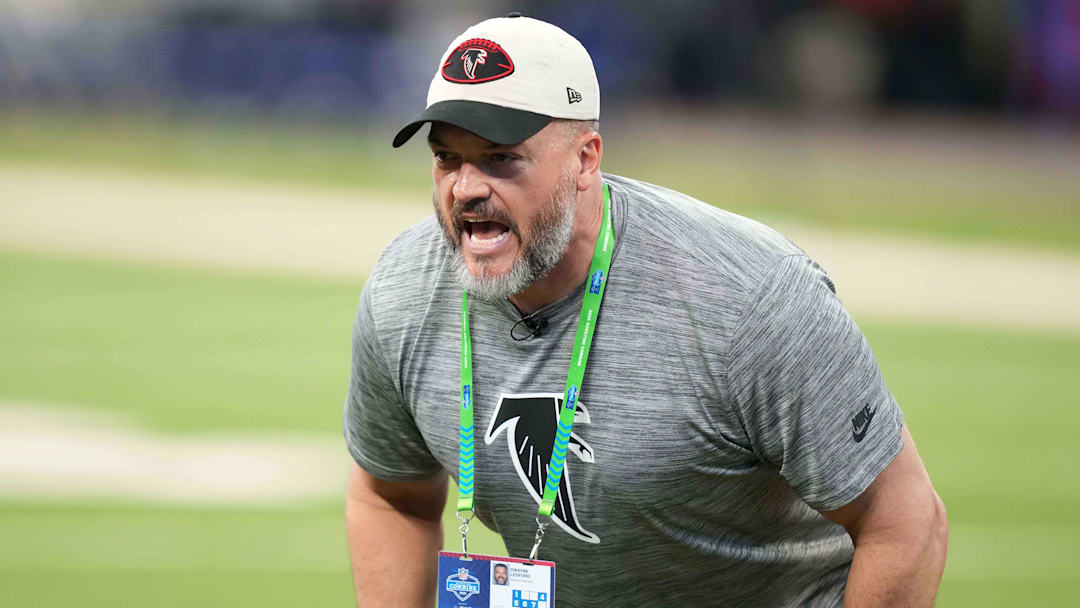 Mar 2, 2025; Indianapolis, IN, USA; Atlanta Falcons offensive line coach Dwayne Ledford during the 2025 NFL Scouting Combine at Lucas Oil Stadium.