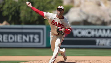 Jun 8, 2025; Anaheim, California, USA; Los Angeles Angels relief pitcher Hunter Strickland (60) throws in the fifth inning against the Seattle Mariners at Angel Stadium. Mandatory Credit: Kirby Lee-Imagn Images