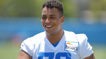 Jun 1, 2022; Costa Mesa, CA, USA; Los Angeles Chargers tackle Rashawn Slater (70) during organized team activities at Hoag Performance Center. Mandatory Credit: Kirby Lee-USA TODAY Sports