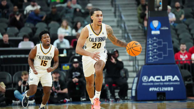 California Golden Bears guard Jaylon Tyson (20) dribbles the ball against the Stanford Cardinal  in the Pac-12 tournament