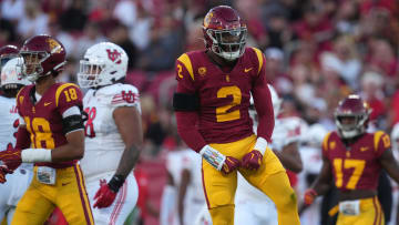 Oct 21, 2023; Los Angeles, California, USA; Southern California Trojans defensive end Romello Height (2) celebrates against the Utah Utes in the first half at United Airlines Field at Los Angeles Memorial Coliseum. Mandatory Credit: Kirby Lee-USA TODAY Sports