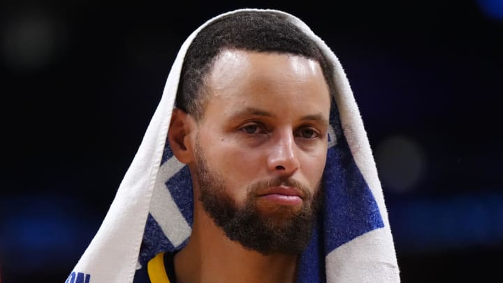 Apr 9, 2024; Los Angeles, California, USA; Golden State Warriors guard Stephen Curry reacts in the second half against the Los Angeles Lakers at Crypto.com Arena. Mandatory Credit: Kirby Lee-USA TODAY Sports