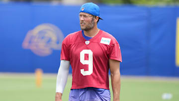 Jun 3, 2025; Woodland Hills, CA, USA; Los Angeles Rams quarterback Matthew Stafford (9) during organized team activities at Rams Practice Facility. Mandatory Credit: Kirby Lee-Imagn Images