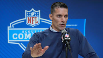 Feb 27, 2025; Indianapolis, IN, USA; Houston Texans general manager Nick Caserio speaks during the 2025 NFL Scouting Combine at the Indiana Convention Center. Mandatory Credit: Kirby Lee-Imagn Images