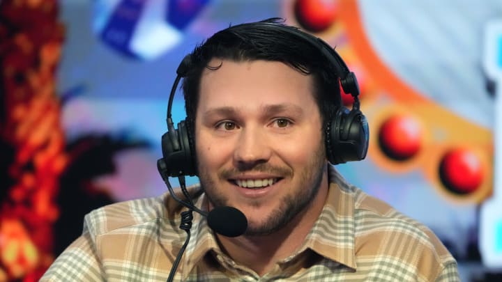 Feb 8, 2024; Las Vegas, NV, USA; Buffalo Bills quarterback Josh Allen on the Pac McAfee show on radio row at the Super Bowl 58 media center at the Mandalay Bay resort and casino. Mandatory Credit: Kirby Lee-USA TODAY Sports