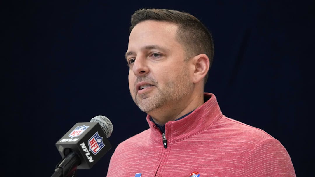 Feb 27, 2025; Indianapolis, IN, USA; New England Patriots general manager Eliot Wolf speaks during the 2025 NFL Scouting Combine at the Indiana Convention Center. Mandatory Credit: Kirby Lee-Imagn Images