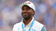 Sep 10, 2022; Pasadena, California, USA; UCLA Bruins athletic director Martin Jarmond reacts against the Alabama State Hornets in the first half at Rose Bowl. Mandatory Credit: Kirby Lee-Imagn Images