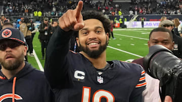 Chicago Bears quarterback Caleb Williams (18) reacts after an NFL International Series game against the Jacksonville Jaguars at Tottenham Hotspur Stadium.