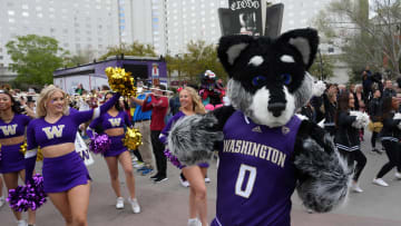 Mar 14, 2024; Las Vegas, NV, USA; Washington Huskies mascot Harry the Husky at a pep rally at T-Mobile Arena. Mandatory Credit: Kirby Lee-USA TODAY Sports