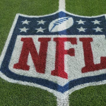 Dec 3, 2023; Inglewood, California, USA; The NFL shield logo on the field at SoFi Stadium. Mandatory Credit: Kirby Lee-USA TODAY Sports