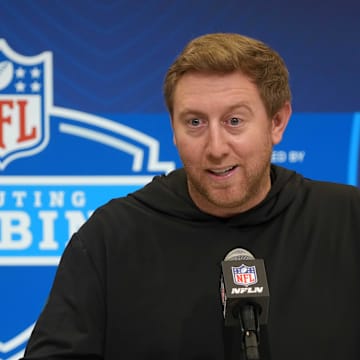 Feb 25, 2025; Indianapolis, IN, USA; Jacksonville Jaguars coach Liam Coen speaks during the NFL Scouting Combine at the Indiana Convention Center. Mandatory Credit: Kirby Lee-Imagn Images