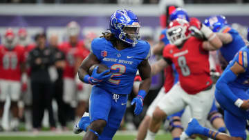 Dec 2, 2023; Las Vegas, NV, USA; Boise State Broncos running back Ashton Jeanty (2) carries the ball against the UNLV Rebels in the first half during the Mountain West Championship at Allegiant Stadium. Mandatory Credit: Kirby Lee-USA TODAY Sports