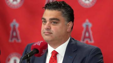 Nov 15, 2023; Anaheim, CA, USA; Los Angeles Angels general manager Perry Minasian at press conference at Angel Stadium of Anaheim. Mandatory Credit: Kirby Lee-USA TODAY Sports