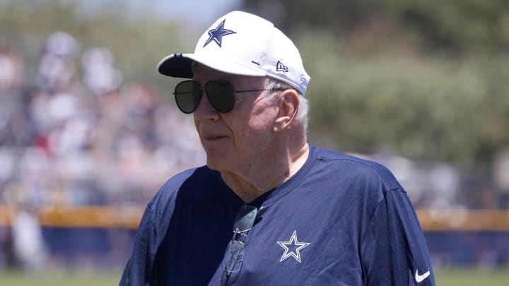 Jul 27, 2023; Oxnard, CA, USA; Dallas Cowboys owner Jerry Jones during training camp at Marriott Residence Inn-River Ridge Playing Fields. Mandatory Credit: Kirby Lee-USA TODAY Sports