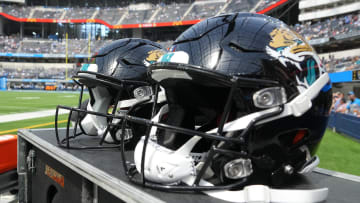 Sep 25, 2022; Inglewood, California, USA; Jacksonville Jaguars helmets on the sideline.