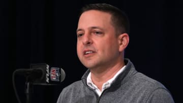Feb 27, 2024; Indianapolis, IN, USA; New England Patriots director of scouting Eliot Wolf during the NFL Scouting Combine at Indiana Convention Center. Mandatory Credit: Kirby Lee-USA TODAY Sports