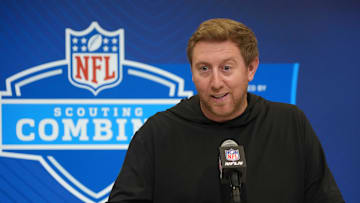 Feb 25, 2025; Indianapolis, IN, USA; Jacksonville Jaguars coach Liam Coen speaks during the NFL Scouting Combine at the Indiana Convention Center. Mandatory Credit: Kirby Lee-Imagn Images