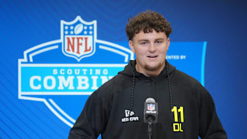 Feb 26, 2025; Indianapolis, IN, USA; Michigan defensive lineman Mason Graham (DL11) during the 2025 NFL Scouting Combine at the Indiana Convention Center. Mandatory Credit: Kirby Lee-Imagn Images