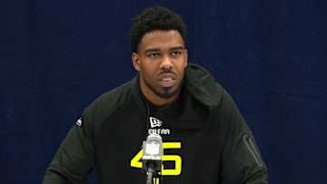 Feb 27, 2025; Indianapolis, IN, USA; Syracuse defensive lineman Fadil Diggs (DL45)  during the 2025 NFL Scouting Combine at the Indiana Convention Center.  