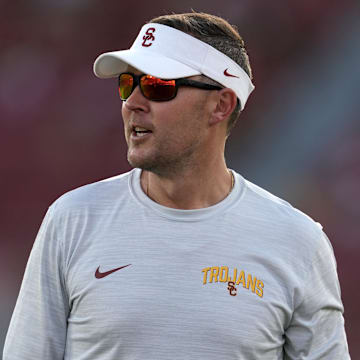 Sep 3, 2022; Los Angeles, California, USA; Southern California Trojans head coach Lincoln Riley reacts in the second half against the Rice Owls at United Airlines Field at Los Angeles Memorial Coliseum. Mandatory Credit: Kirby Lee-Imagn Images