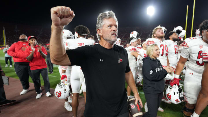 Oct 21, 2023; Los Angeles, California, USA; Utah Utes head coach Kyle Whittingham celebrates after the game against the Southern California Trojans at United Airlines Field at Los Angeles Memorial Coliseum. Mandatory Credit: Kirby Lee-USA TODAY Sports