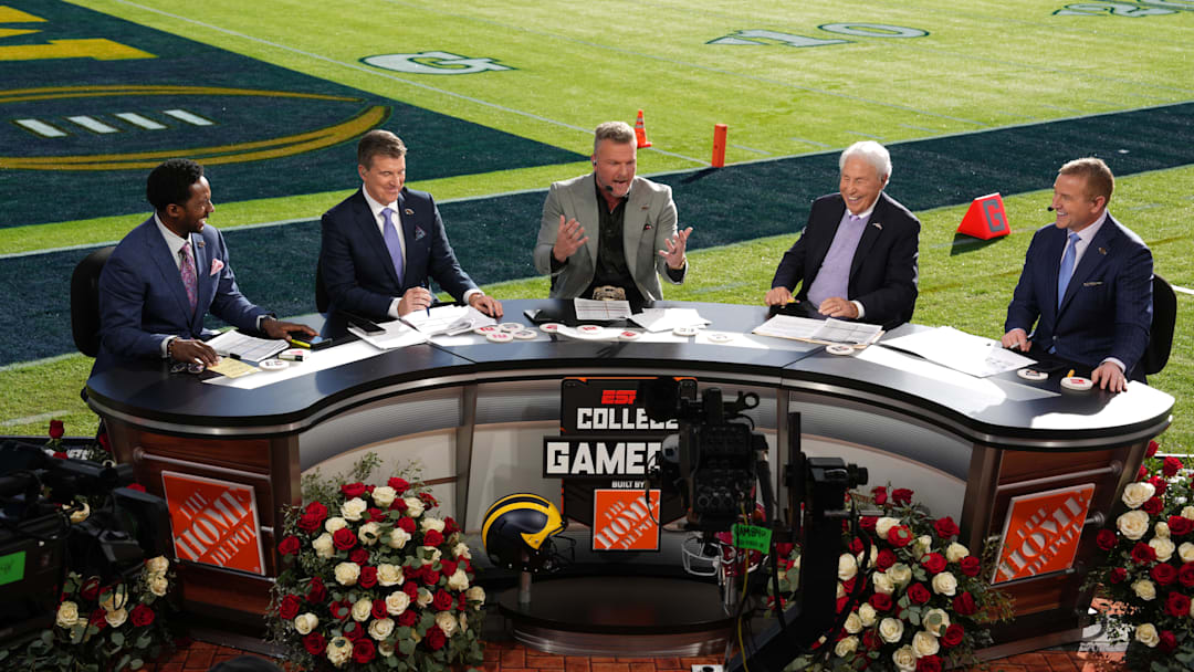 Jan 1, 2024; Pasadena, CA, USA; From left: Desmond Howard, Rece Davis, Pat McAfee, Lee Corso and Kirk Herbstreit on the ESPN College Gameday set at the 2024 Rose Bowl college football playoff semifinal game at Rose Bowl.