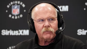 Feb 25, 2025; Indianapolis, IN, USA; Kansas City Chiefs oach Andy Reid on the SiriusXM radio set at the NFL Scouting Combine at the Indiana Convention Center. Mandatory Credit: Kirby Lee-Imagn Images