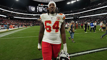 Oct 27, 2024; Paradise, Nevada, USA; Kansas City Chiefs offensive tackle Wanya Morris (64) leaves the field after the game against the Las Vegas Raiders at Allegiant Stadium. Mandatory Credit: Kirby Lee-Imagn Images