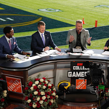 Jan 1, 2024; Pasadena, CA, USA; From left: Desmond Howard, Rece Davis, Pat McAfee, Lee Corso and Kirk Herbstreit on the ESPN College Gameday set at the 2024 Rose Bowl college football playoff semifinal game at Rose Bowl.