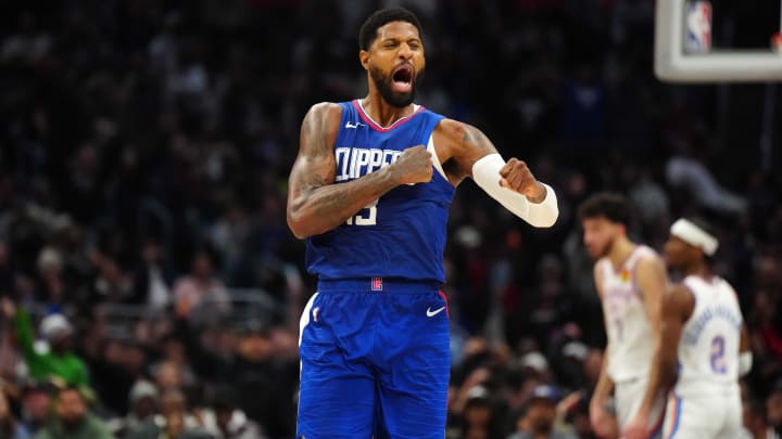 Jan 16, 2024; Los Angeles, California, USA; LA Clippers forward Paul George (13) celebrates against the Oklahoma City Thunder in the second half at Crypto.com Arena. Mandatory Credit: Kirby Lee-USA TODAY Sports