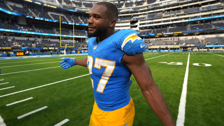 Sep 8, 2024; Inglewood, California, USA; Los Angeles Chargers running back J.K. Dobbins (27) leaves the field after the game against the Las Vegas Raiders at SoFi Stadium. Mandatory Credit: Kirby Lee-Imagn Images