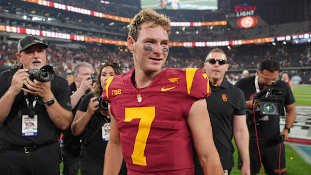 Sep 1, 2024; Paradise, Nevada, USA; Southern California Trojans quarterback Miller Moss (7) reacts after beating LSU.