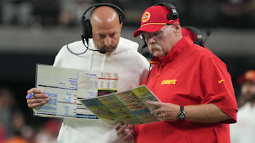 Oct 27, 2024; Paradise, Nevada, USA; Kansas City Chiefs offensive coordinator Matt Nagy (left) and coach Andy Reid react against the Las Vegas Raiders in the second half at Allegiant Stadium. Mandatory Credit: Kirby Lee-Imagn Images