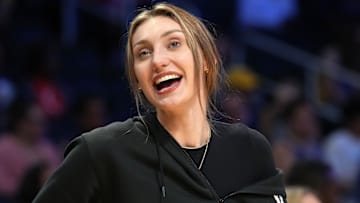 Jun 17, 2025; Los Angeles, California, USA; LA Sparks forward Cameron Brink watches during the game against the Seattle Storm at Crypto.com Arena. Mandatory Credit: Kirby Lee-Imagn Images