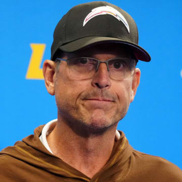 Jun 13, 2024; Costa Mesa, CA, USA; Los Angeles Chargers head coach Jim Harbaugh at a press conference during minicamp at the Hoag Performance Center.  Mandatory Credit: Kirby Lee-USA TODAY Sports