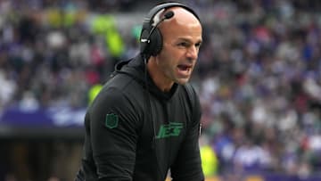 Oct 6, 2024; London, United Kingdom; New York Jets coach Robert Saleh reacts against the Minnesota Vikings in the first half at Tottenham Hotspur Stadium. Mandatory Credit: Kirby Lee-Imagn Images
