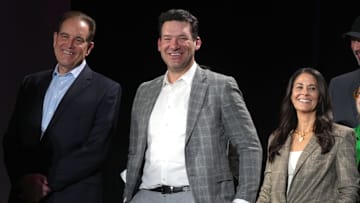 CBS Sports play-by-play announcer Jim Nantz, analyst Tony Romo and sideline reporter Tracy Wolfson