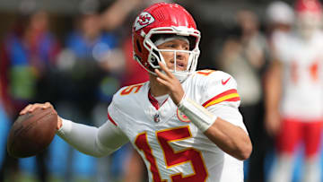  Kansas City Chiefs quarterback Patrick Mahomes (15) throws the ball in the first quarter against the Los Angeles Chargers at SoFi Stadium.
